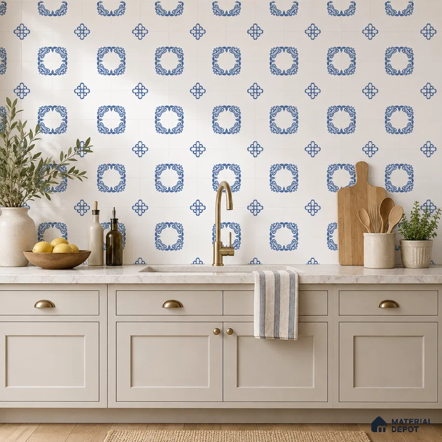 Mediterranean Kitchen with Blue and White Floral Backsplash Tile and Greige Cabinets